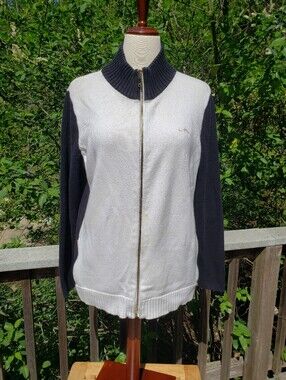 Lauren Ralph Lauren  Classic Gold-Yone Zip Front Women's Cardigan - Cream & Navy